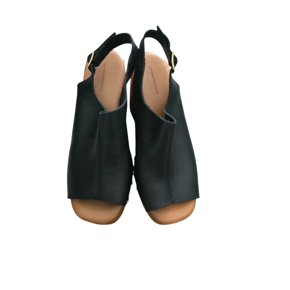 Anthropologie Black Leather Slingback Wood Wedge Platform Open Toe Shoes Sz 39